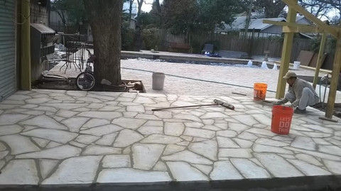 Flagstone patio installation in progress